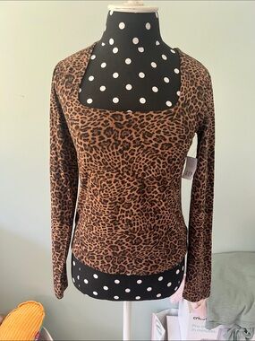 NWT GAP Leopard Print Square-Neck Long Sleeve Top - Brown
